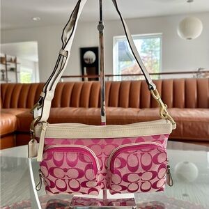 COPY - COACH Small Fuschia & White Signature Logo Jacquard & Leather Shoulder H…